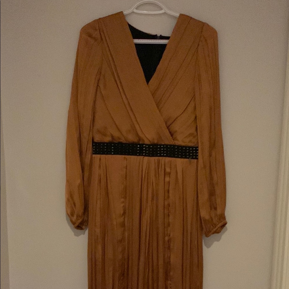 Gold Long Sleeve V-Neck Gown for Wedding Guest